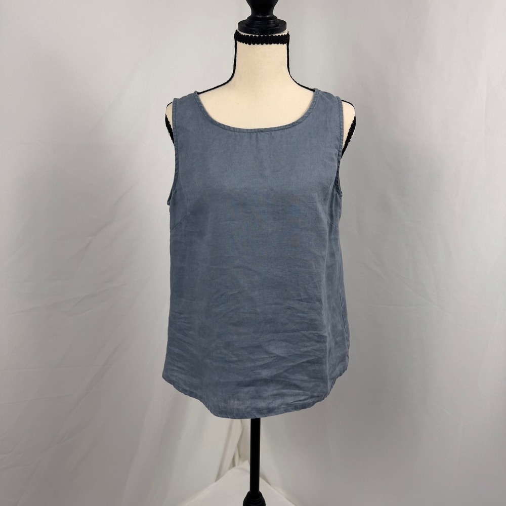 Amazhiyu 100% Linen Shell Top Women Small Blue Sleeveless Breathable Minimalist